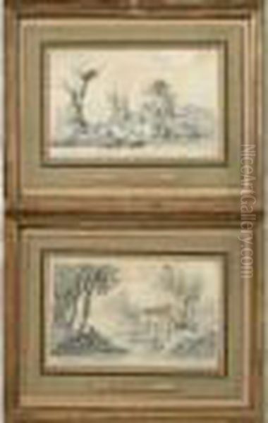 Paysage Aux Lavandieres Et Paysage Aux Ruines. Paire De Dessins - view 1