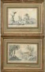 Paysage Aux Lavandieres Et Paysage Aux Ruines. Paire De Dessins by Jean-Baptiste Pillement