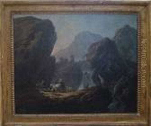 Bergers Et Troupeau Dans Un Paysage De Cascade - view 1