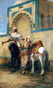 Arab horsemen resting outside a mosque by Giuseppe Raggio