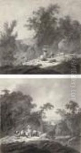 Peasants With Sheep By A Stream; And Peasants With Sheep And Goats By A Pool by Jean-Baptiste Pillement
