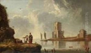 Flodlandskap Med Byggnader Och Figurer Flodlandskap Med Byggnader Och Figurer