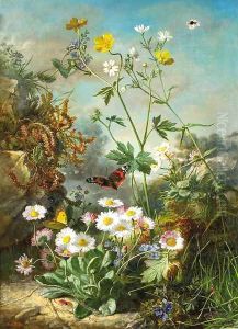 Daisies, buttercups and forget-me-nots on a forest floor, with butterflies
