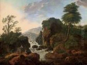 A Wooded Mountainous River Landscape by Jean-Baptiste Pillement