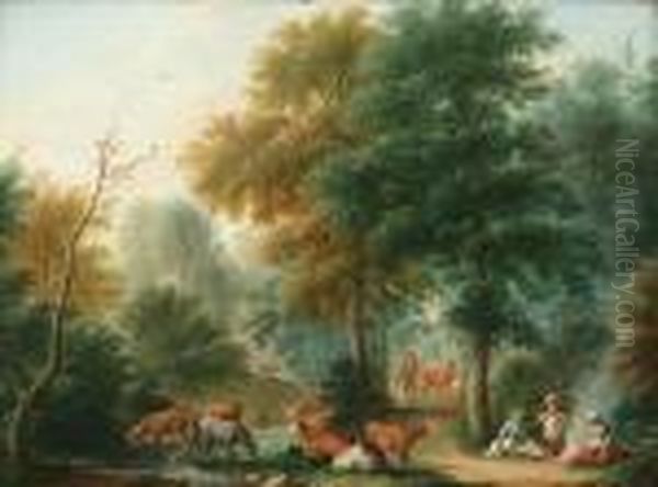 Drovers With Cattle In A Landscape: Two - view 1