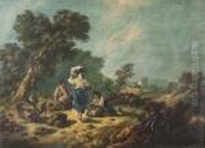 Ziegenhirte Und Bauerinnen In Bewaldeter Landschaft. by Jean-Baptiste Pillement