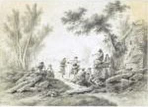 Rural Landscape With Peasants Merry-making By A Cottage by Jean-Baptiste Pillement