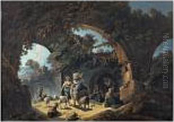 Des Bergers Et Leur Troupeau A L'abri Sous Des Ruines Dans Un Paysage - view 1