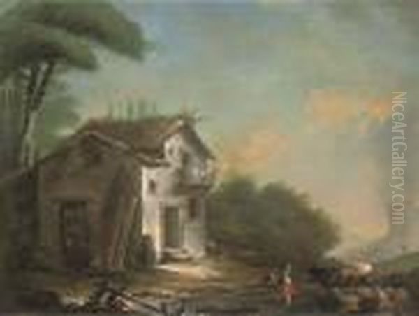 A River Landscape With A Drovers And Their Cattle Before A Cottage - view 1