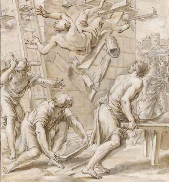 A worker falling from scaffolding, other workers watching from below - view 1