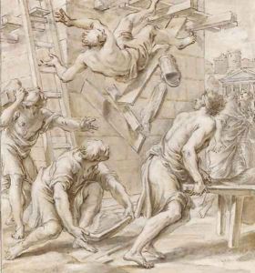A worker falling from scaffolding, other workers watching from below A worker falling from scaffolding, other workers watching from below