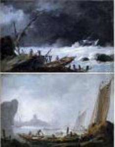 Fishermen Unloading Their Catch
On The Shore, A Distant Castle Visible Through Fog Beyond by Jean-Baptiste Pillement