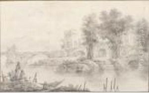 An Italianate River Landscape With A Stone Bridge And Tower, Fishermen In The Foreground by Jean-Baptiste Pillement