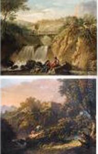 A Mountainous Landscape With A
Bridge Over A Waterfall And Two Young Men Conversing On A Rock In The
Foreground by Jean-Baptiste Pillement