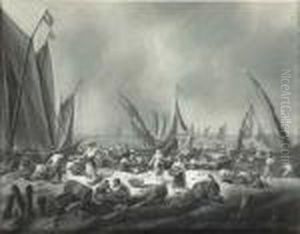 A Seascape With Fishermen Unloading Their Catch On The Shore A Seascape With Fishermen Unloading Their Catch On The Shore