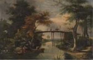 Paysage Anime A La Riviere Et Au Pont by Jean-Baptiste Pillement