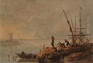 A Mediterranean Harbour At Sunset With Figures On The Shore by Jean-Baptiste Pillement