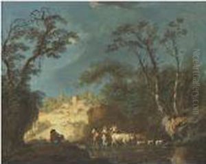 Peasants By A Stream by Jean-Baptiste Pillement