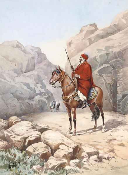 An Arab warrior on horseback in a desert gorge - view 1