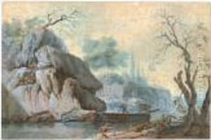 River Landscape With A View Of A Boatman And A Waterfall