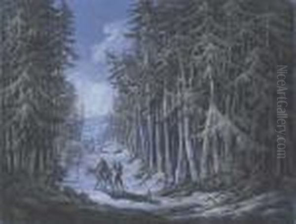 A Winter Scene With Travellers In A Wooded Landscape - view 1