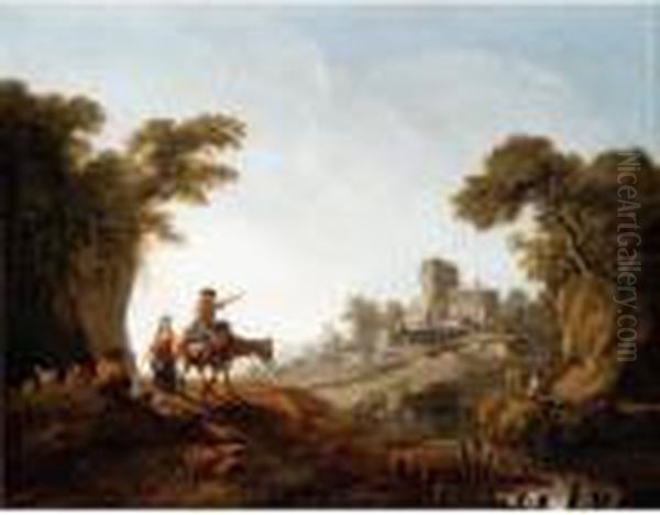 River Landscape With A Traveller On A Donkey And Shepherds - view 1
