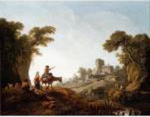 River Landscape With A Traveller On A Donkey And Shepherds by Jean-Baptiste Pillement
