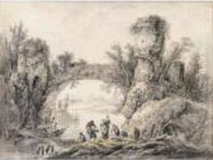 River Landscape With Peasants Loading Boats, An Overgrown Bridge Beyond by Jean-Baptiste Pillement