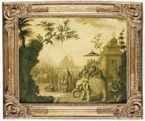 A Chinoiserie Procession Of Figures Riding On Elephants With Temples Beyond