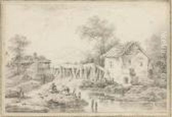 Un Paysage Avec Une Maison Et Deux Personnages Pechant Au Bordd'une Riviere - view 1