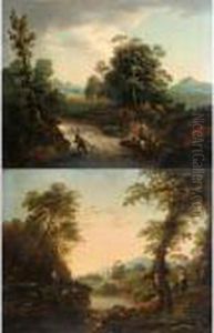 Extensive River Landscapes With Fishers, A Shepherd Guarding His Goats And Other Figures by Jean-Baptiste Pillement