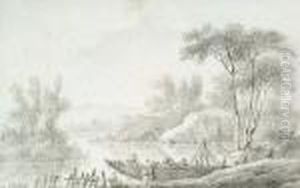 River Landscape With Three Figures Loading A Boat Tied Up At The River Bank by Jean-Baptiste Pillement