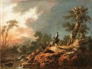 A Rocky River Landscape With A Goatherd And A Peasant Girl On An Outcrop by Jean-Baptiste Pillement