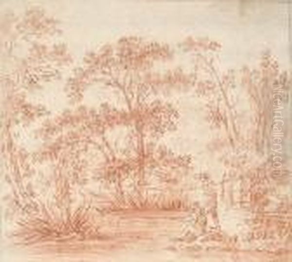 Two Boys Fishing In A Tree-lined River - view 1