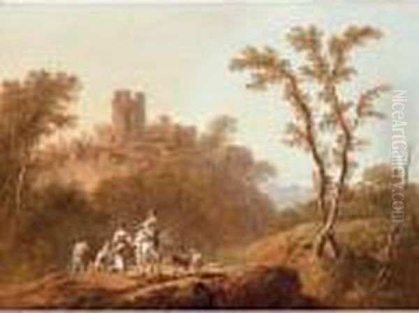A Wooded, Hilly Landscape With 
Peasants, A Goat And Sheep On A Track Near A Ruined Castle - view 1