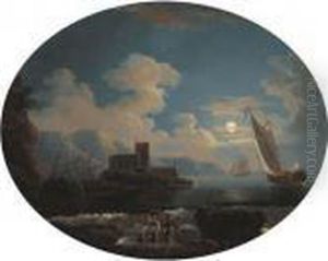 A Mediterranean Coastal Inlet With Shipping By Moonlight by Jean-Baptiste Pillement