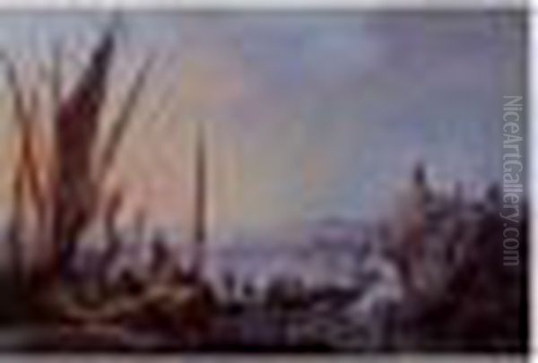 A View Of The River Tagus, 
Portugal, With Fishermen Drawing Their Nets And Figures Along The Rocky 
Coast - view 1
