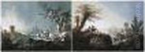 A Pair Of Italianate Landscapes, With Peasants And Animals by Jean-Baptiste Pillement