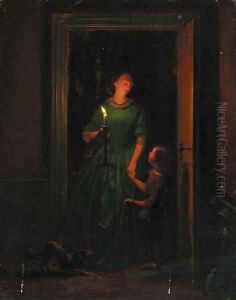 A Mother And Child At A Candlelit Doorway