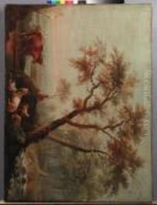 A Shepherd On A River-bank With A Cow, A Goat And Sheep by Jean-Baptiste Pillement