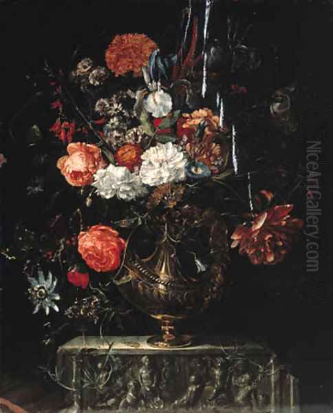 Roses, carnations, iris, morning glory and other flowers in a gilt bowl on a sculpted ledge - view 1