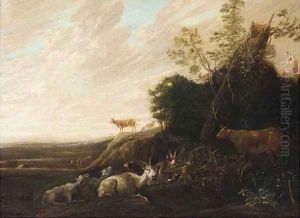 A landscape with cattle in the foreground by Francois Ryckhals