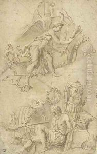 Victory with military trophies and a bound captive with trophies by Giulio Romano (Orbetto)