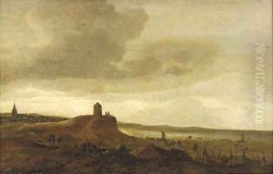 A coastal inlet with travellers on a track and other figures in the foreground by Isaack Van Ruysdael