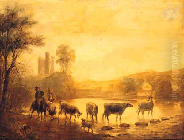 A Herdsman With Cattle Watering In A River, A Castle Beyond - view 1