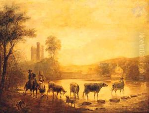 A Herdsman With Cattle Watering In A River, A Castle Beyond by John Inigo Richards