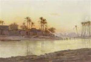 River Landscape At Sunset