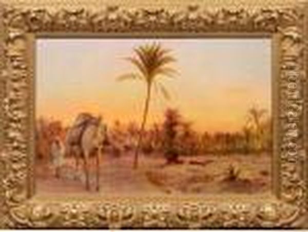 Grose Abendlandschaft Mit Kamelfuhrer Vor Einem Palmenhain - view 1