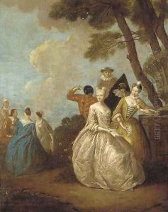 A fete champetre with ladies seated by a tree and figures from the commedia dell'arte