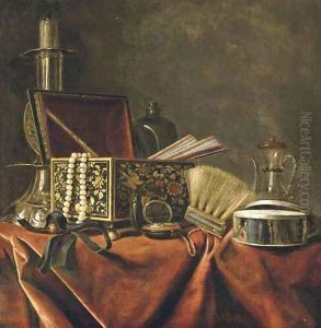 A silver candlestick, an emamelled jewellery box with a pearl necklace and a pair of fans A silver candlestick, an emamelled jewellery box with a pearl necklace and a pair of fans
